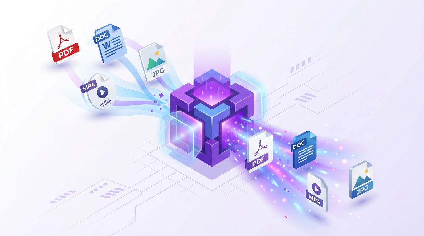 File conversion illustration showing PDF, DOC, MP4, JPG files flowing through a conversion portal